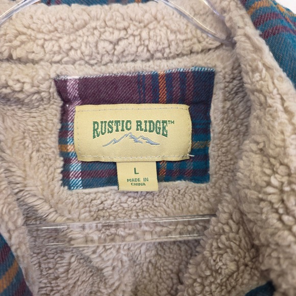 Rustic Ridge Sherpa Lined Flannel Shirt Womens L Blue Plaid Cozy Button Shacket - Picture 7 of 16